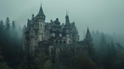 Wall Mural - A gloomy gothic style castle atop a hill  AI generated illustration