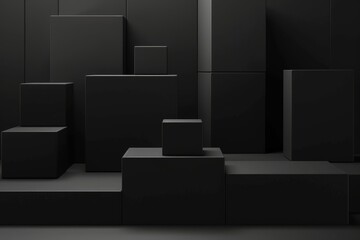 Poster - a black cube podium on a contemporary 3d background with an advertising shelf and a blank geometric 