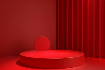 Aufkleber - red table podium with 3d background stage, blank rectangular ad platform shelf, and minimal floor sh