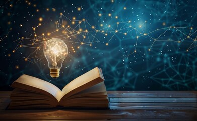 Poster - The lightbulb is on top of an open book with graphs to illustrate the growth of the stock market, the concept of business education and educational knowledge, reading to gain inspiration and new