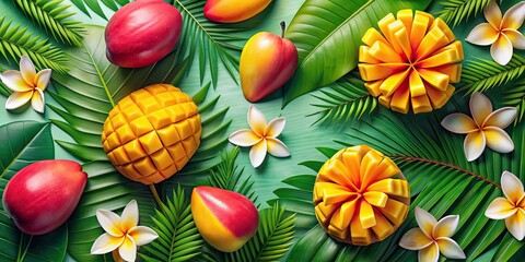 Sticker - Mango and flower background pattern with vibrant colors and tropical theme, mango, flower, background, pattern, tropical