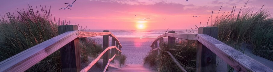 Wall Mural - Sunset View from a Wooden Beach Path