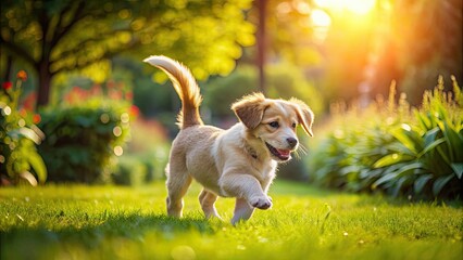 Sticker - Playful puppy chasing its tail in a sunny garden , puppy, playful, tail, chase, garden, fun, energetic, adorable, outdoors