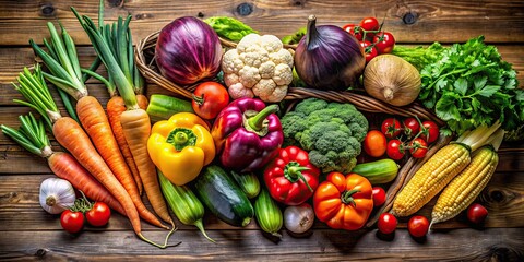 Poster - Fresh assortment of colorful vegetables on a wooden table, healthy, organic, farm fresh, vegan, nutrition, cooking