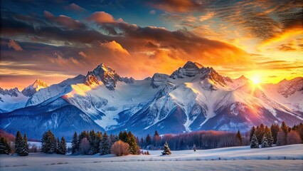 Sticker - Scenic sunset over the snow-capped mountains , sunset, mountains, landscape, nature, outdoors, dusk, evening, clouds, colorful