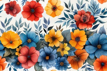 Wall Mural - Watercolor Floral Pattern: A Symphony of Colors