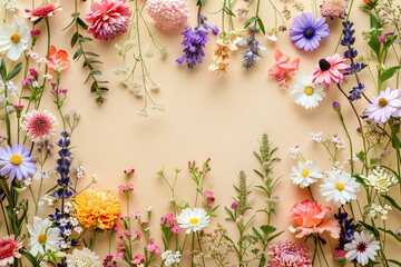 Wall Mural - Flowers composition. Frame made of colorful flowers on beige background. Spring, summer concept. Flat lay, top view, copy space