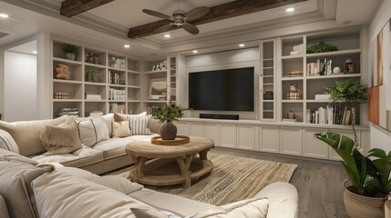 A cozy family room with a large sectional, built-in shelves, and a large TV