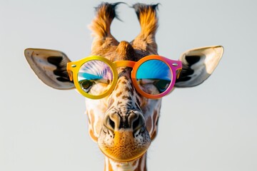 Poster - Using generative AI, this cartoon shows a giraffe wearing sunglasses on a white background.