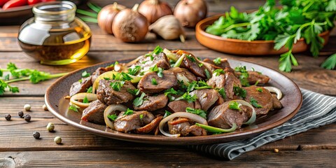 Wall Mural - Fried chicken liver with onions and herbs on a plate , fried chicken liver, onions, herbs, crispy, savory, delicious