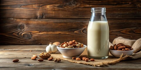 Wall Mural - Bottle and glass of fresh milk with assorted nuts on a wooden table , milk, nuts, dairy, healthy, organic, nutrition, breakfast