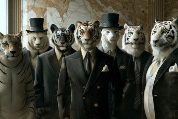 Poster - Different kinds of animals, like dogs, bears dressed in suits to invest money in the stock market. This concept refers to hard work and financial investments.