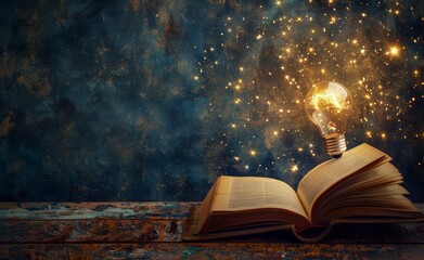 Poster - Innovative ideas for educational knowledge and business education. A shining light bulb, an open book, self-learning, and thinking about new ideas by reading concepts in books.