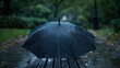 © CHAKKAPONG - A lively and detailed photo of a rain-soaked umbrella left on a park bench, hinting at a brief respite from the storm