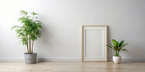 Sticker - Gallery frame mockup with plant on white wall , mockup, gallery, frame, plant, white, wall, interior, decoration, design, modern