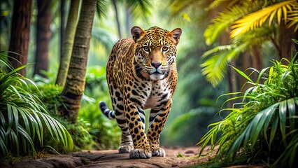 Wall Mural - a majestic jaguar walking through the lush jungle, wildlife, feline, predator, carnivore, rainforest