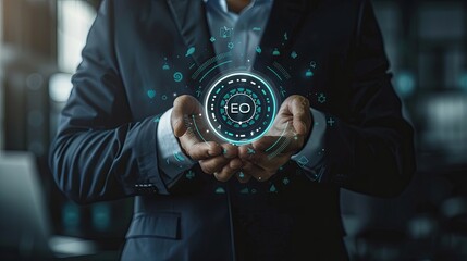 Poster - Businessman touch automated data management system to create reports with KPIs and indicators connected to the database. Data analysis with intelligent AI robot technology in business analysis 