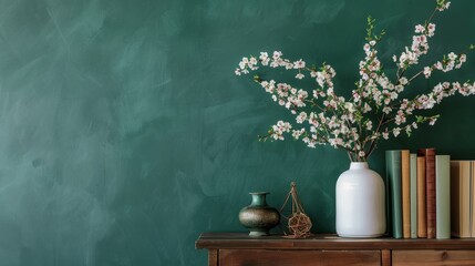 Wall Mural - On a wooden cabinet, a vase with fragrant jasmine flowers is surrounded by books