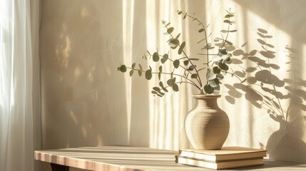 Wall Mural - Branches of eucalyptus in modern vases with coffee and old books on a wooden table Empty mockup of beige wall Elegant living room with Scandinavian minimalist decor