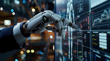 Poster - Businessman touch automated data management system to create reports with KPIs and indicators connected to the database. Data analysis with intelligent AI robot technology in business analysis 
