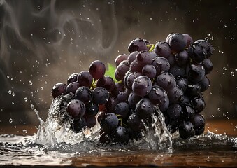 Food shot, super wide angle, black grape waterfall splash, fresh colors, 