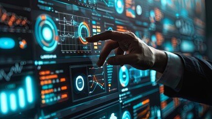 Poster - Businessman touch automated data management system to create reports with KPIs and indicators connected to the database. Data analysis with intelligent AI robot technology in business analysis 