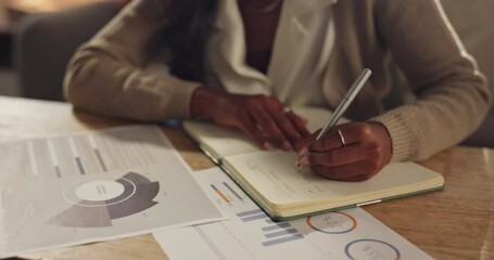 Poster - Financial documents, writing and woman in office with notes for stock investment schedule or agenda. Plan, pen and hands of female finance analyst with company budget paperwork for statistics data.