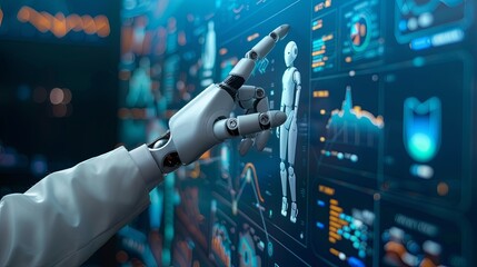 Poster - Businessman touch automated data management system to create reports with KPIs and indicators connected to the database. Data analysis with intelligent AI robot technology in business analysis 