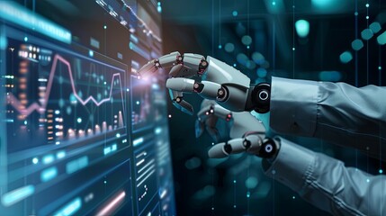 Poster - Businessman touch automated data management system to create reports with KPIs and indicators connected to the database. Data analysis with intelligent AI robot technology in business analysis 