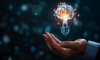 Poster - an entrepreneur holding half of a virtual lightbulb and a brain on a blue bokeh background, demonstr