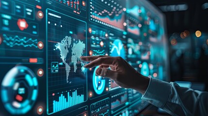 Poster - Businessman touch automated data management system to create reports with KPIs and indicators connected to the database. Data analysis with intelligent AI robot technology in business analysis 