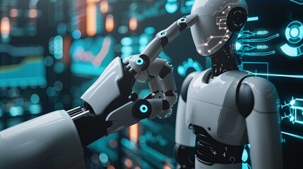 Poster - Businessman touch automated data management system to create reports with KPIs and indicators connected to the database. Data analysis with intelligent AI robot technology in business analysis 