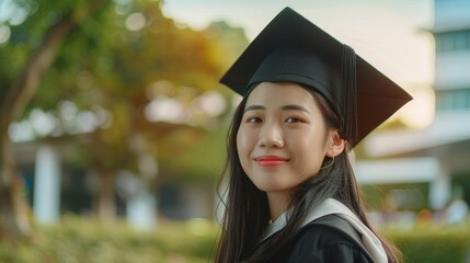 Graduating woman in graduation gown and cap with stock on college campus.