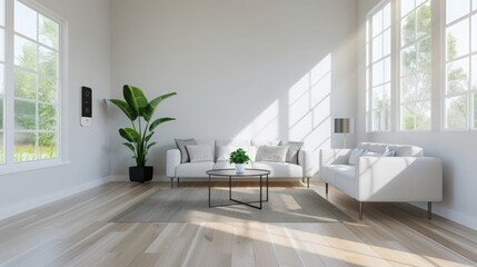 Bright minimalist living room with modern furniture, large windows, wooden floor, and indoor plant creating a cozy atmosphere.