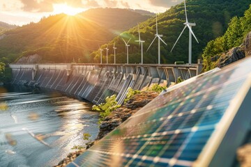 Solar panels, dams, and wind turbines produce renewable energy that is environmentally friendly.