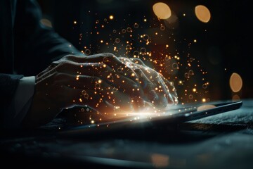 Poster - Hand of businessman working at modern laptop computer in modern office with virtual icon diagram