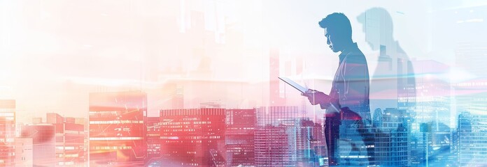 Poster - Finance and investment concept. Businessman using a laptop computer and the city, office buildings with a background of financial technology and business.