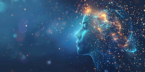 Poster - the concept of big data and stock is created in the form of a woman face on a dark blue technology b