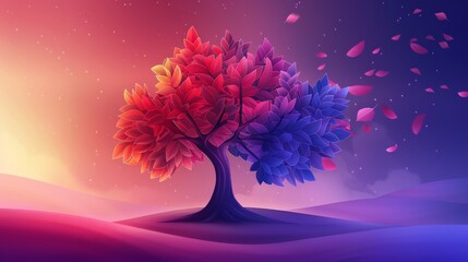 Wall Mural - A colorful tree illustration background with vibrant leaves hanging from branches. Bright color 3D abstraction wallpaper for interior murals and wall art decor.