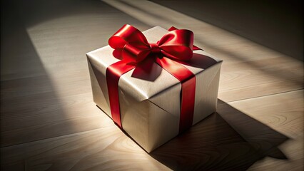 Poster - Grand Surprise Giant ornately wrapped gift box with a majestic red bow casting a long shadow , surprise, gift, box, present, ornate