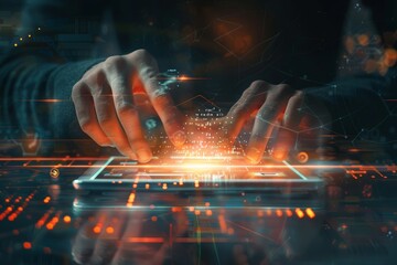 Poster - working in a modern office with virtual icons is a businessman hand on a laptop computer