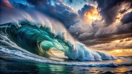 Sticker - A captivating shot of a powerful ocean wave crashing under a cloudy sky, ocean, wave, crashing, power, sea, nature, beauty