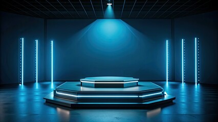 Poster - Futuristic podium with holographic lights in dimly lit room, holographic, display, futuristic,podium, lights