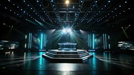 Canvas Print - Futuristic podium with holographic lights in dimly lit room, holographic, display, podium, futuristic,lights