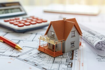 Using a small house model, a calculator, and a pencil on a drawing of the housing decoration