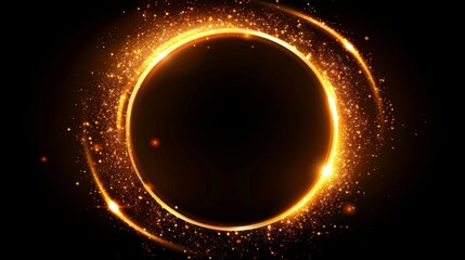 Wall Mural - Glowing spinning golden circle with orange sparkles and vibrant lights on black background, portal or round frame, isolated vector illustration