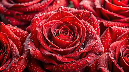 Sticker - Close-up view of vibrant red roses covered in dew droplets, red, roses, dewy, close-up, vibrant, flowers, petals, bouquet