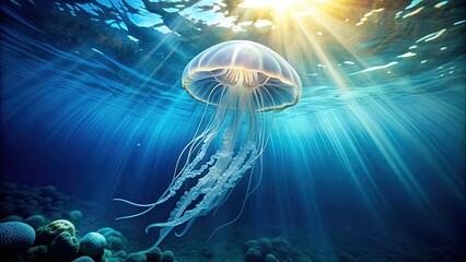 Poster - Glowing translucent jellyfish drifting gracefully in ocean water, marine life, underwater, aquatic, tentacles