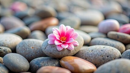 Sticker - Soft pink flower resting on a bed of smooth stones , nature, floral, serene, garden, peaceful, tranquil, rocks, pebbles