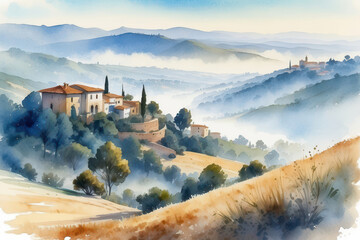 Wall Mural - village in the mountains watercolor style